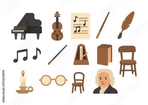 Classical music icons collection: piano, violin, notes, metronome, composer illustration