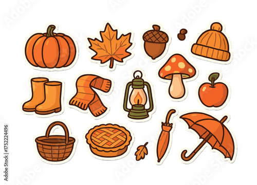 Cozy autumn icons collection featuring pumpkins, leaves, and seasonal essentials
