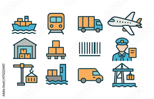 Logistics and transportation icon set: ship, train, truck, airplane, and more