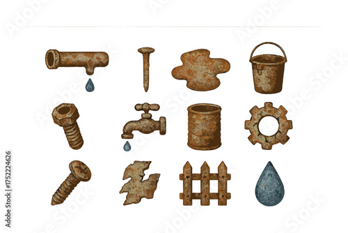 Rusty metal objects collection: pipe, nail, bucket, bolt, faucet, gear, picket, drop