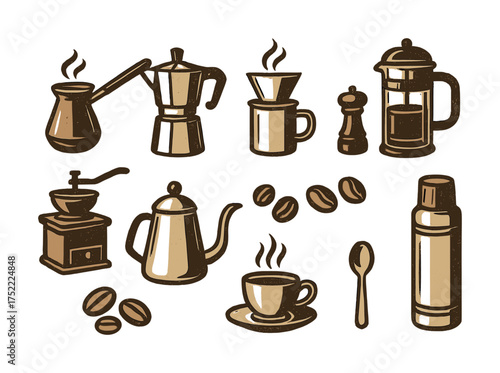 Vintage coffee set: moka pot, french press, grinder, and cup with coffee beans
