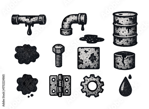 Vintage industrial icons: rusty tools, pipes, oil drum, and cogs