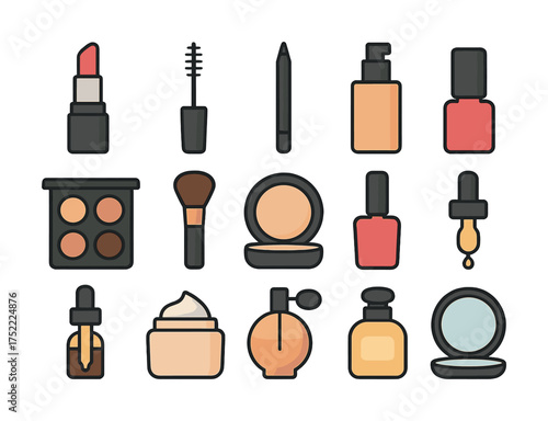 Collection of makeup icons: lipstick, mascara, brush, nail polish, and more beauty essentials