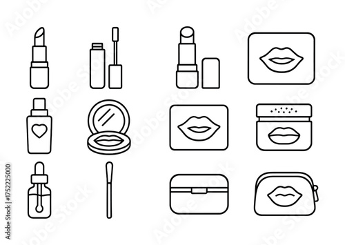 Outline icons of makeup products including lipstick and compact