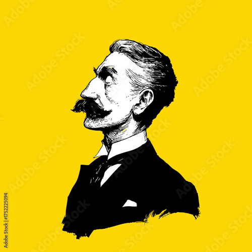 Sophisticated vintage man profile illustration with a prominent mustache against a vibrant yellow background. Classic gentleman portrait in retro style.
