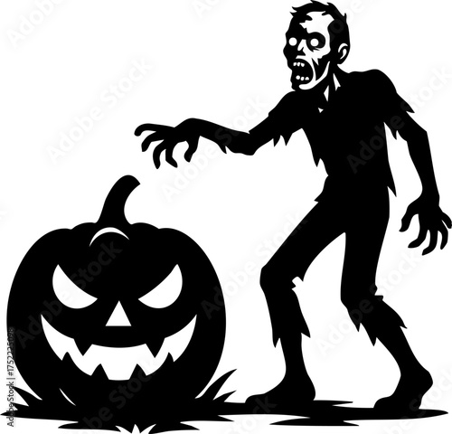 Black and white Halloween vector illustration with zombie and scary pumpkin, eerie spooky composition for horror design, dark seasonal artwork with copy space