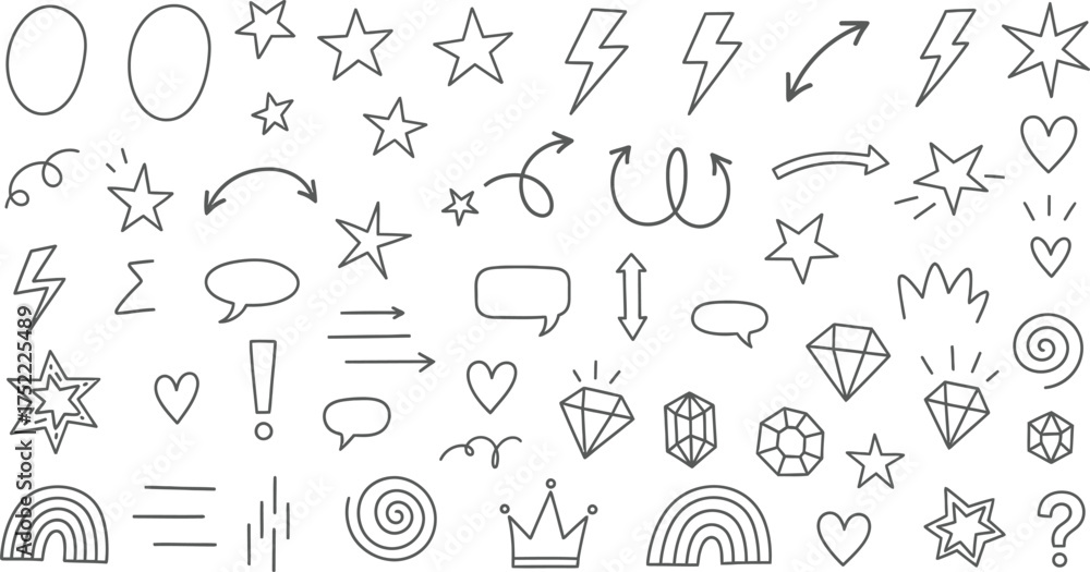 Fototapeta premium Cute Doodle Icons, Hand Drawn Arrows, Hearts, Stars, Diamonds, Crown, Rainbow on White