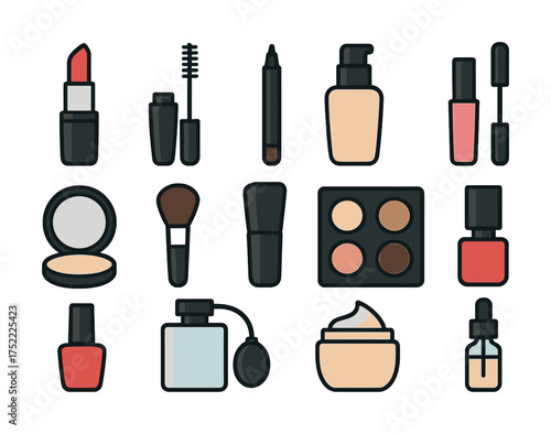 Cosmetic set with makeup tools and products on white background