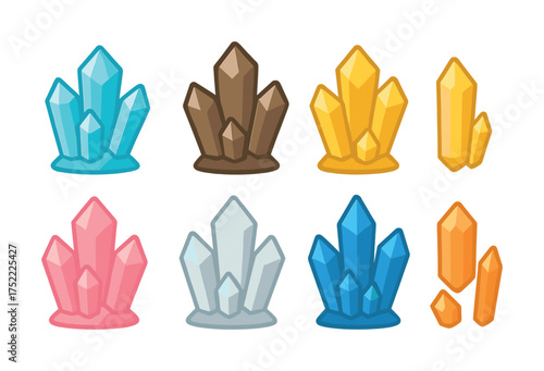 Colorful gemstone crystals in various shapes and colors on white background