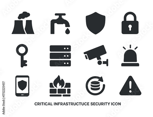 Critical infrastructure security icons: power plant, surveillance, firewall, lock, alert