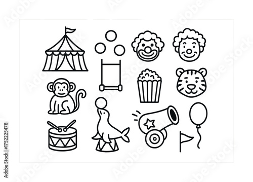 Circus icons: tent, clown faces, monkey, seal, drum, cannon, popcorn, balloon, tiger