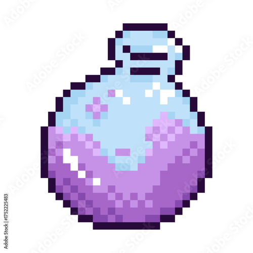 Pixel 8 bit illustration of a round magic potion bottle filled with purple liquid. Retro game style element perfect for Halloween, fantasy themes, stickers, icons, and pixel art projects.
