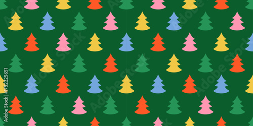 Seamless pattern with red, yellow, blue, pink Christmas trees on a dark green background. Festive holiday design perfect for wrapping paper, winter textiles, greeting cards, and seasonal decorations.