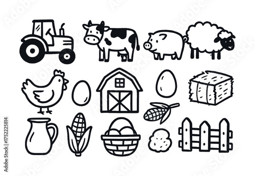Farm elements: tractor, animals, barn, crops, eggs, and more in black and white