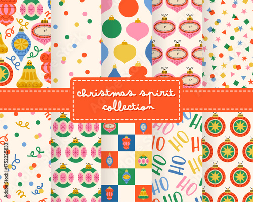 Festive Christmas pattern collection with retro ornaments, gifts, and holiday elements. Perfect for wrapping paper, xmas greeting cards, New Year textile prints, and cheerful winter season projects.