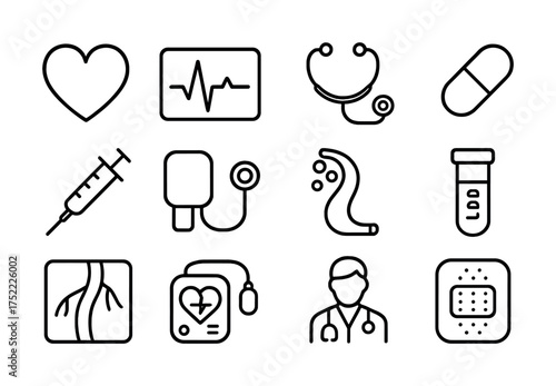 Medical icons set featuring heart, stethoscope, syringe, doctor, and bandage symbols