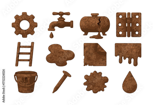 Rustic metal icons: gear, faucet, tank, hinge, ladder, stain, paper, bucket, nail, drop