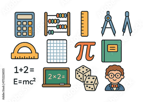 Math icons collection: calculator, abacus, pi symbol, protractor, math tools, asian young male