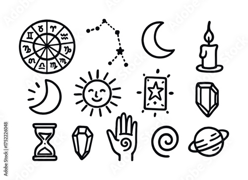 Astrology symbols: zodiac wheel, celestial constellation, tarot, and cosmic icons
