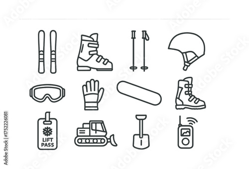 Winter sports equipment icons: ski, snowboard, helmet, goggles, lift pass, gloves