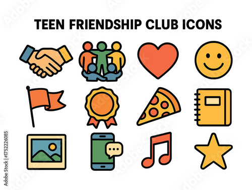 Colorful teen friendship icons collection with heart, smiley, and pizza