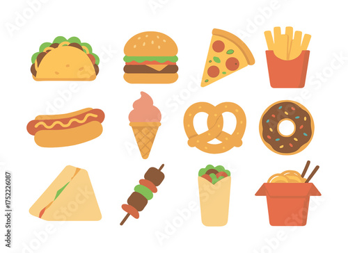Colorful assortment of fast food icons featuring tacos, pizza, and more