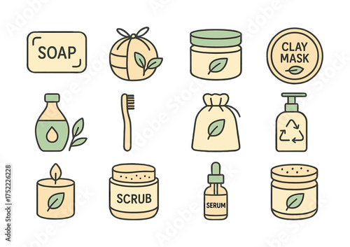 Eco-friendly skincare icon set with soap, clay mask, and serum