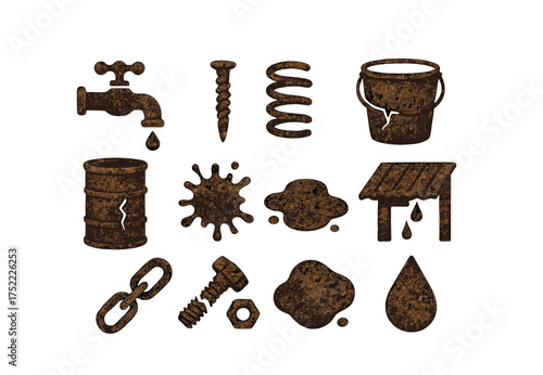 Rusty metal icons: faucet, nail, spring, bucket, barrel, splash, puddle, shed, link, bolt, nut, droplet