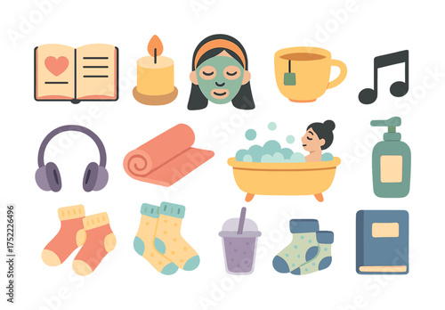 Relaxation icons set: spa, bath, yoga, tea, candles, headphones, socks, music
