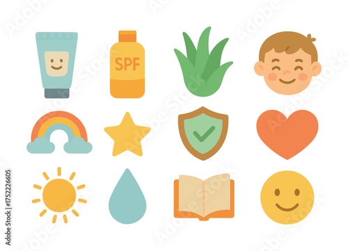 Colorful health and wellness icons: skincare, nature, happiness, sun