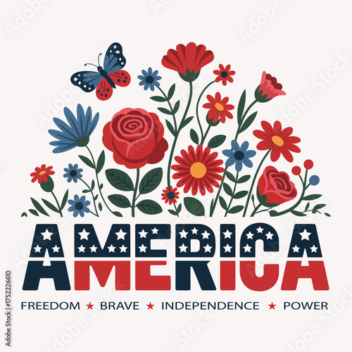 America Floral Patriotic T-shirt and Poster Graphic


