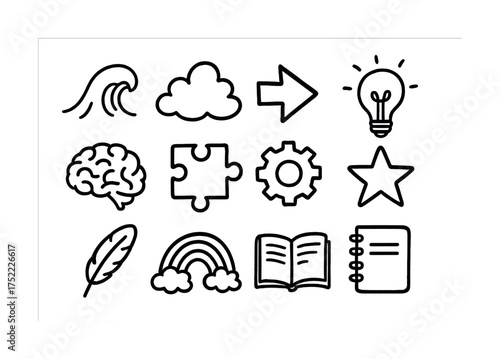 Set of diverse black outline icons including nature and ideas symbols