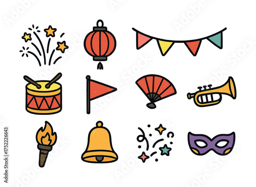 Colorful festival icons: fireworks, lantern, fan, drum, mask, bell, torch, trumpet, flags