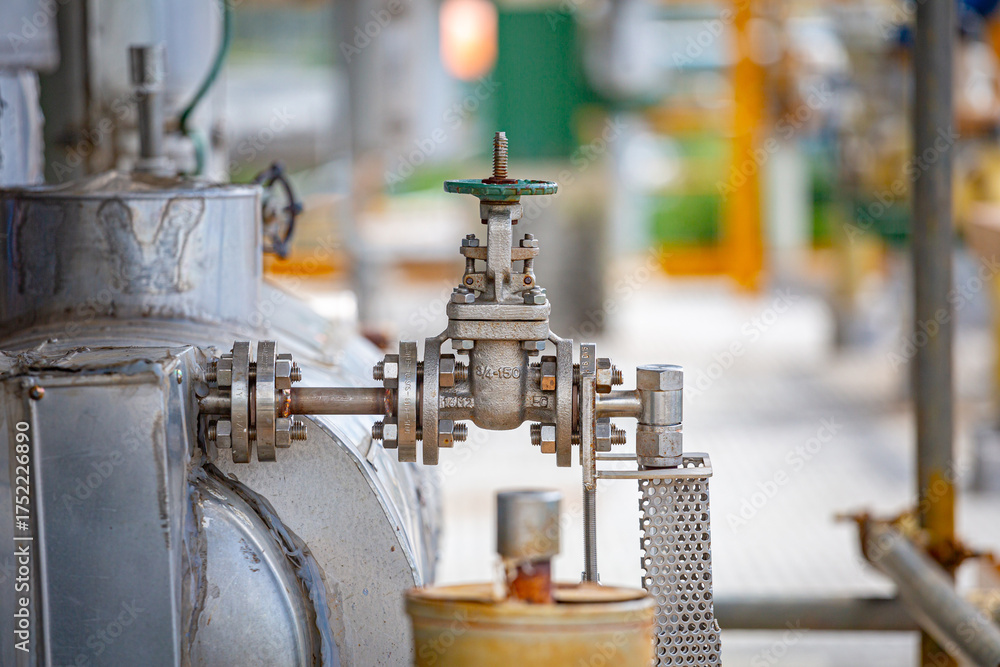 Fototapeta premium A globe hand-operated valve installed in a chemical plant pipe allows manual control of flow, demonstrating precision, safety,