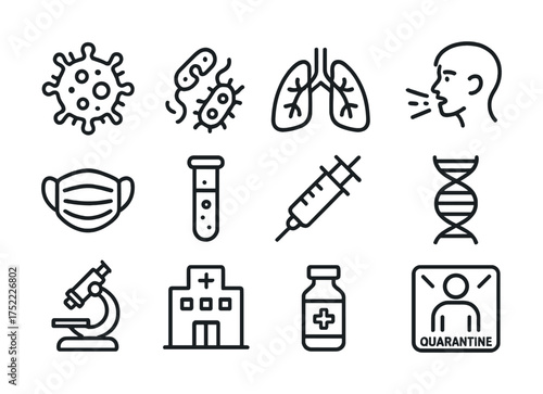 Health icons: virus, bacteria, lungs, cough, mask, test tube, syringe, dna, microscope, hospital, vaccine, quarantine