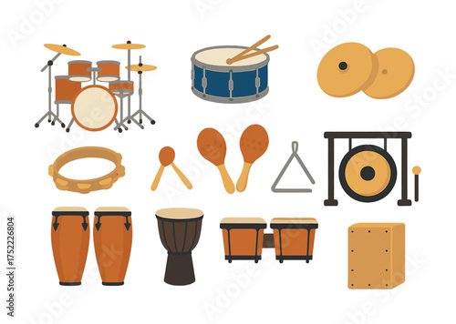 Collection of various percussion instruments including drums, maracas, and cymbals