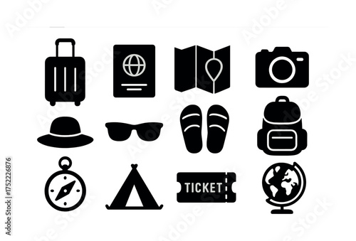 Travel essentials icons: suitcase, map, camera, and more
