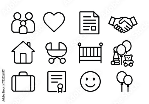 Family icons: heart, home, stroller, crib, balloons, certificate, smiley, handshake