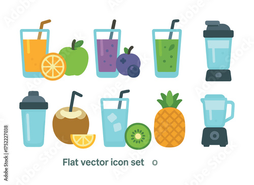 Colorful flat icon set of fruit juices and blenders
