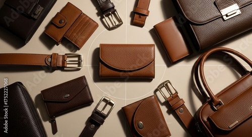 Collection of brown leather accessories including wallets, belts, and bags arranged on a light surface.