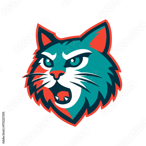 Fierce Wildcat Head Vector Illustration. Aggressive Feline Mascot Design with Open Mouth, Sharp Teeth, and Intense Eyes in Vibrant Colors.
