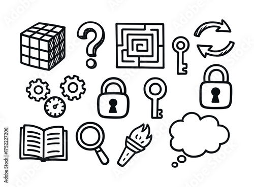 Collection of puzzle and problem-solving icons: cube, maze, key, lock, book, magnifying glass, torch