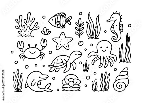 Cute underwater cartoon creatures: fish, seahorse, dolphin, octopus, turtle, starfish, crab, coral