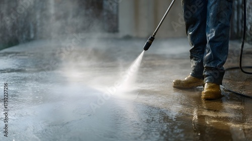 Pressure washing a wet concrete patio outdoors in daylight