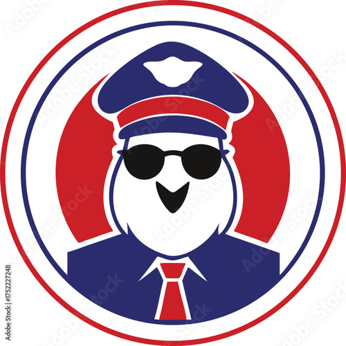 Unique round character wearing a blue uniform, red tie, black sunglasses, and a matching hat inside a red circle