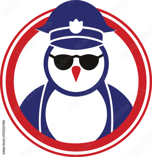 A cool cartoon penguin wearing sunglasses and a blue peaked cap within a vivid red circular emblem