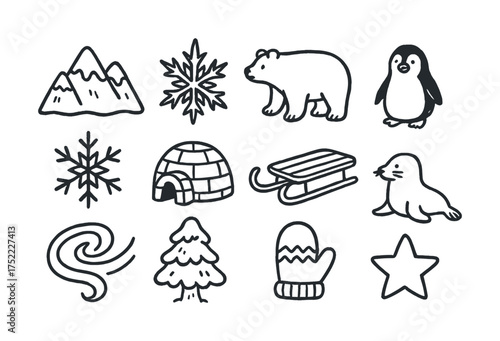 Winter doodle collection: mountains, snowflakes, polar bear, penguin, seal, igloo, mittens