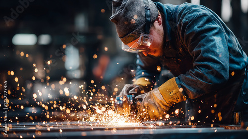 Fototapeta Naklejka Na Ścianę i Meble -  A construction worker grinding metal with sparks flying in a dark industrial space