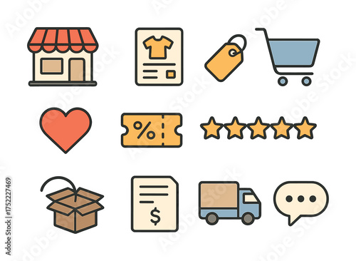 Colorful online shopping icons set including storefront, cart, and shipping elements