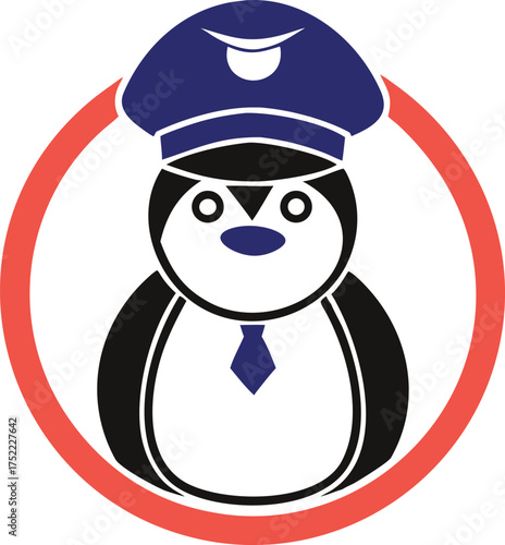 A delightful cartoon penguin character wearing a blue peaked cap and a blue tie inside a vibrant red circle